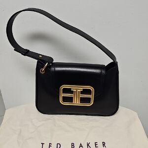 Ted Baker Black Leather Shoulder Bag with Gold-Tone Buckle Detail